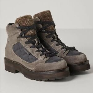 Brunello Cucunelli Suede Colorblock Pattern Lace Up Combat Boots Gray Size 39